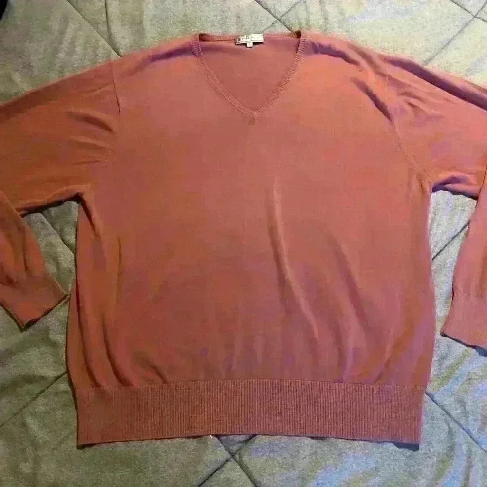 Peter Millar Mens V-Neck Sweater Large Salmon Pink 100% Cotton Long Sleeve Knit